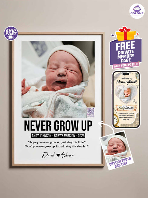 Personalized Baby Poster – “Never Grow Up” Lyric Print – Custom Photo Keepsake