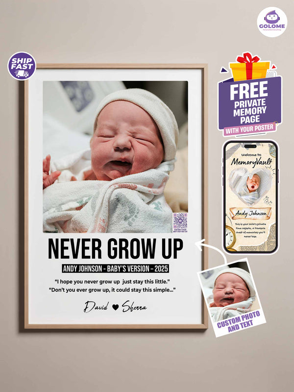 Personalized Baby Poster – “Never Grow Up” Lyric Print – Custom Photo Keepsake