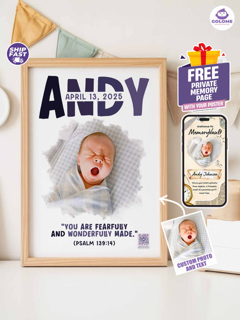 Personalized Baby Name & Birth Date Poster – Christian Nursery Wall Art with Psalm 139:14