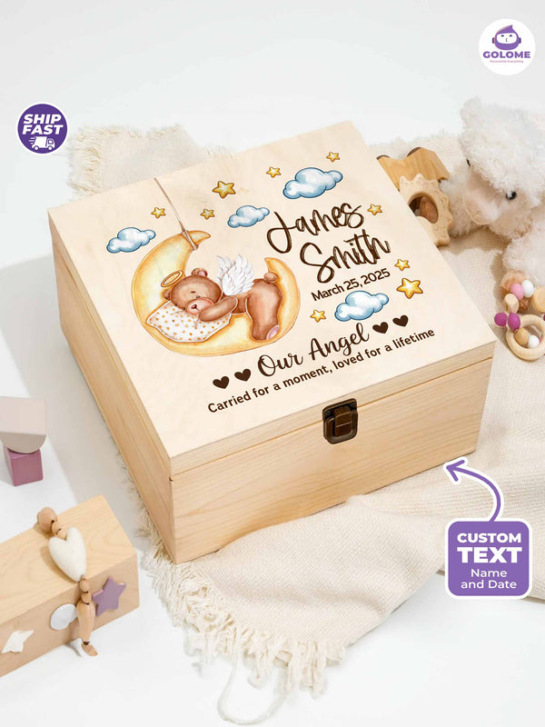 Our Angel Memory Box – Personalized Name & Date | Teddy on the Moon Baby Keepsake