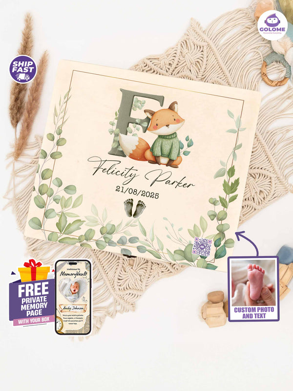 Alphabet Animal Baby Memory Box – Personalized Initial, Footprint & Name | Custom Newborn Keepsake