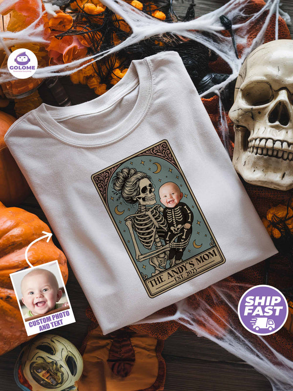 Personalized Skeleton Mom & Baby Halloween Shirt – Custom Photo & Text Tarot Card Design