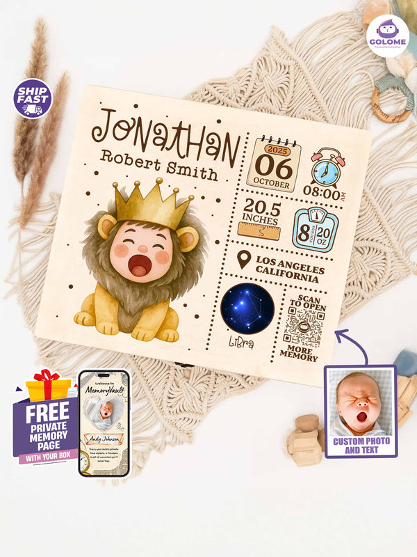 Safari Baby Memory Box – Personalized Birth Stats & Photo | Little King Newborn Keepsake