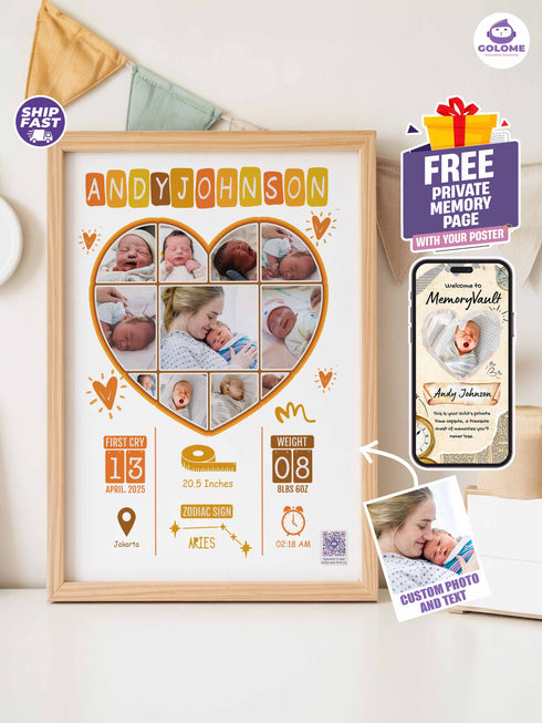 Playful Heart Baby Birth Stats Poster – Personalized Collage Print