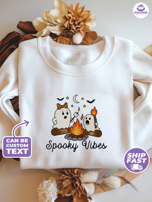 Custom Spooky Vibes Shirt, Personalized Halloween Ghost Sweatshirt, Cute Matching T-shirt with Names, Fall Spooky Season Family Outfit