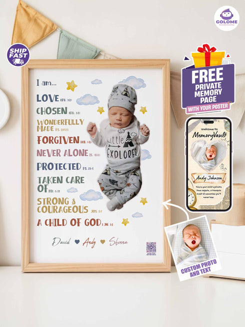 Personalized “I Am” Baby Poster – Christian Nursery Wall Art with Custom Photo & Bible Verses