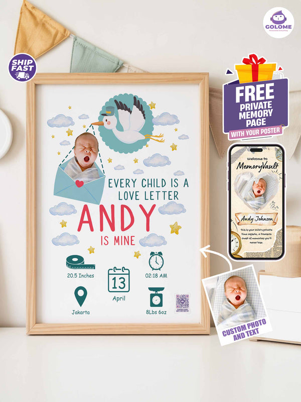 Baby Birth Stats Poster – Personalized Stork Delivery Print