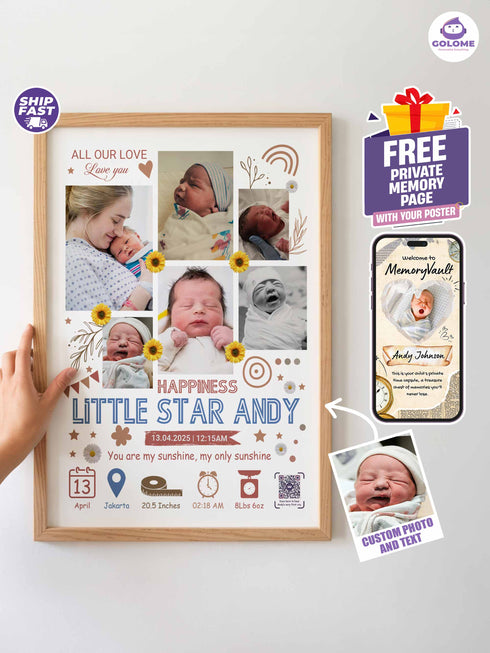 Baby Collage Poster – Personalized “Little Star” Birth Stats Wall Art