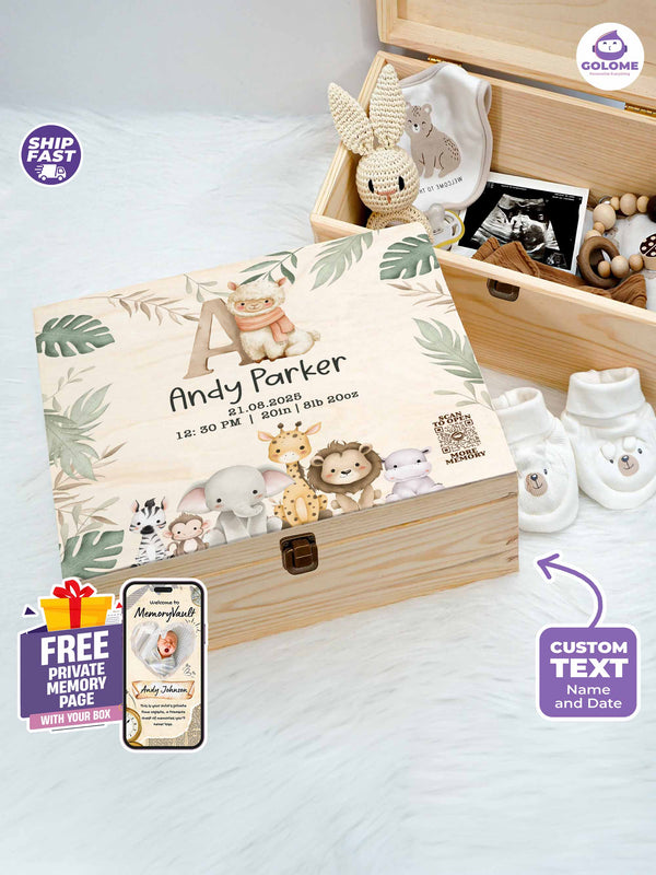 Safari Animal Baby Memory Box, Personalized Name & Birth Stats, Custom Newborn Gift, Jungle Animal Wooden Keepsake Box