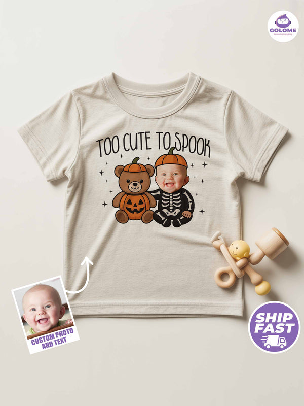 Personalized Baby “Too Cute To Spook” Halloween Outfit – Custom Photo Bodysuit & Infant Tee