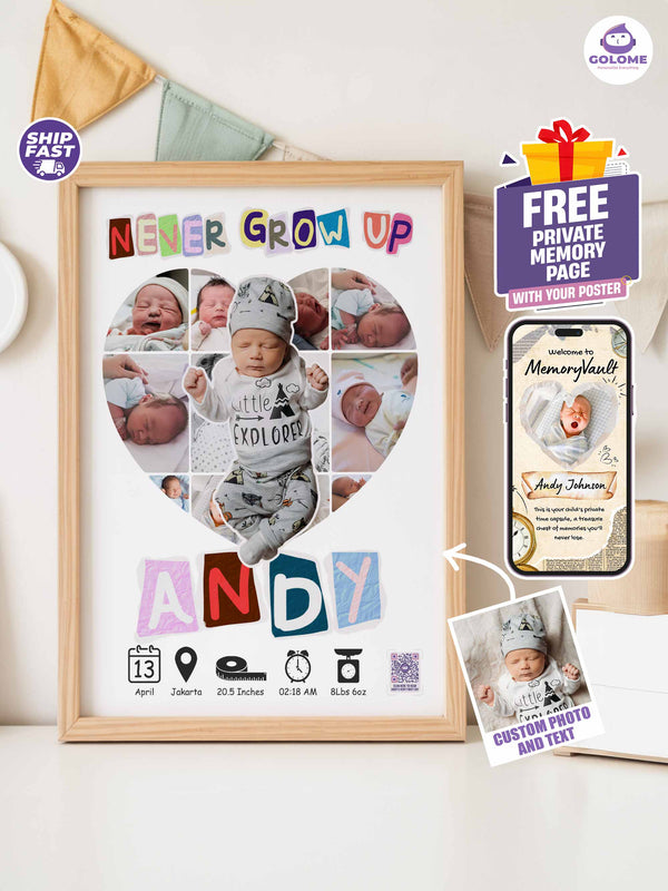 Baby Birth Stats Collage Poster – Personalized Heart Photo Print