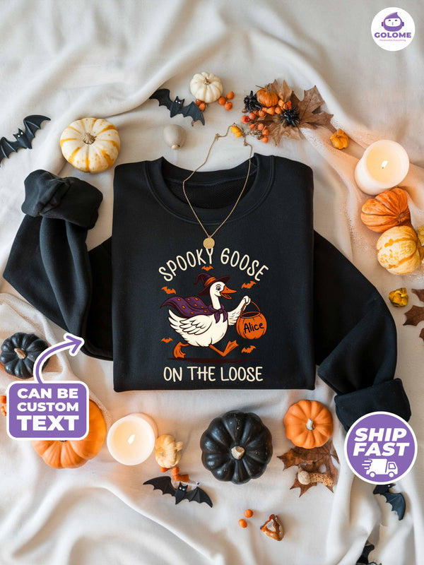 Spooky Goose On The Loose Sweatshirt – Personalized Halloween Shirt with Custom Name