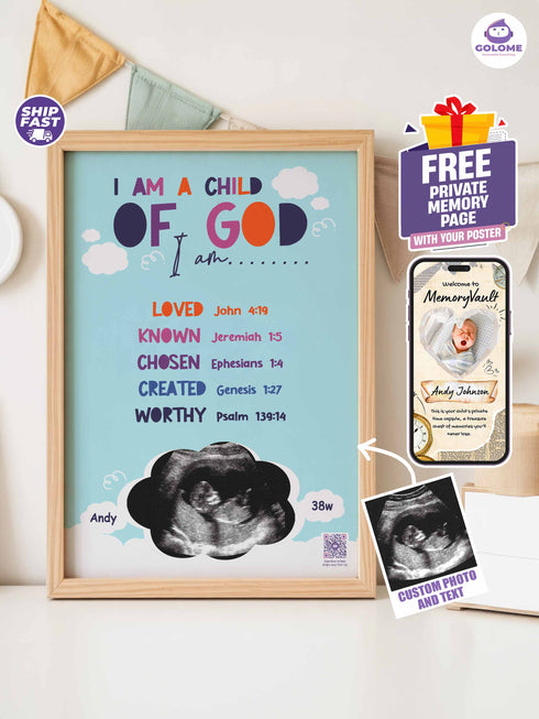 Personalized Baby Ultrasound Poster – “I Am A Child of God” Christian Wall Art