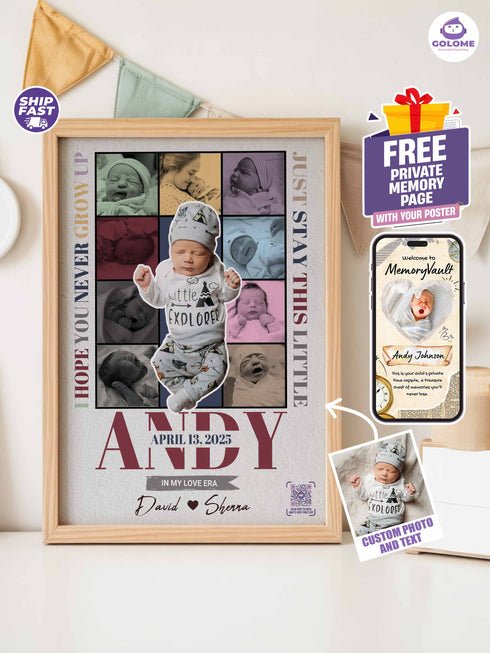 Personalized Baby Photo Collage Poster – “Never Grow Up” Lyric Print – Custom Keepsake