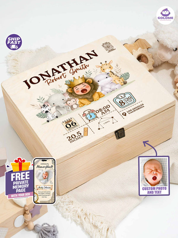Safari Baby Birth Stats Box – Personalized Name, Date & Photo | Custom Newborn Memory Keepsake