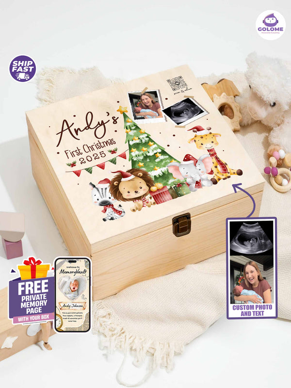 Personalized Baby First Christmas Wooden Memory Box – Custom Photo Keepsake
