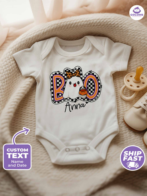 Personalized Baby “BOO” Bodysuit – Cute Halloween Ghost Outfit with Custom Name