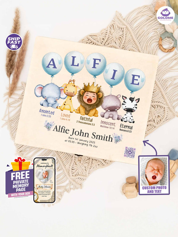 Safari Balloon Baby Memory Box – Personalized Name with Bible Verses | Custom Photo Keepsake