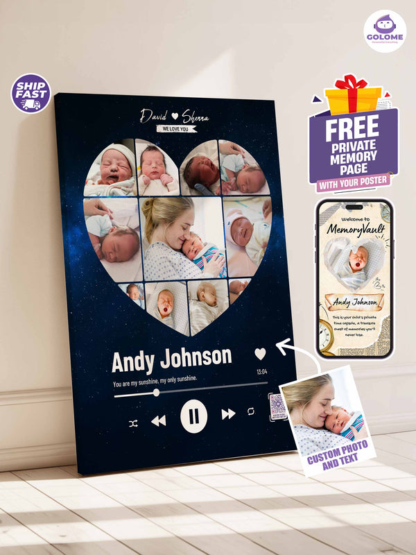 Personalized Baby Photo Collage Poster – Music Player Heart Design – Custom Keepsake