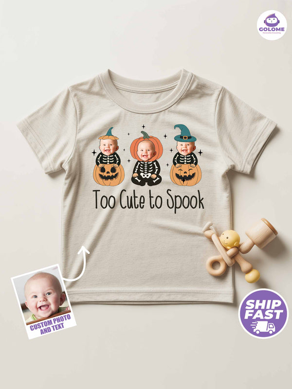 Personalized Baby “Too Cute To Spook” Halloween Outfit – Custom Photo Bodysuit & Infant Tee