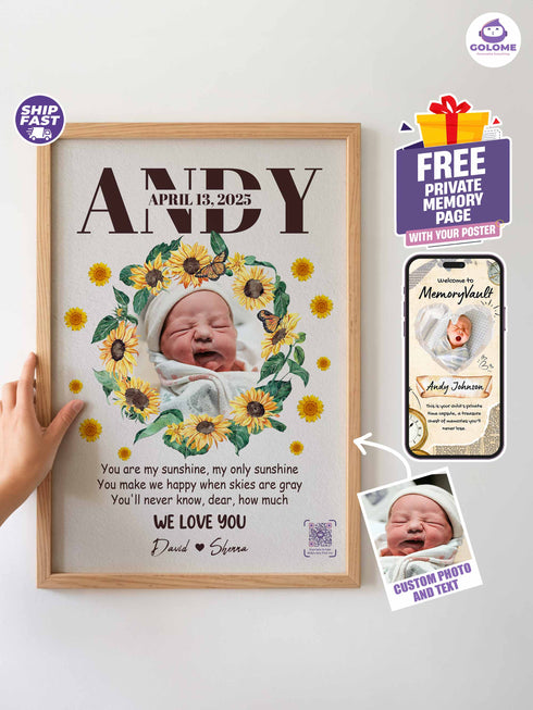 Personalized Sunflower Baby Poster – You Are My Sunshine Lyric Print – Custom Photo Keepsake