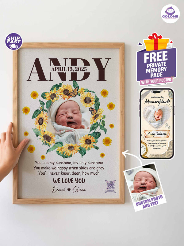 Personalized Sunflower Baby Poster – You Are My Sunshine Lyric Print – Custom Photo Keepsake
