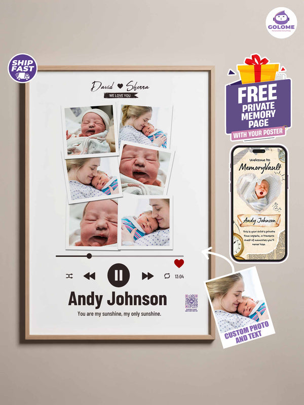 Personalized Baby Photo Collage Poster – Music Player Design – Custom Multi-Photo Keepsake (4 Color Options)