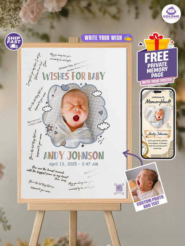 Personalized Wishes for Baby Poster – Cloud Design – Baby Shower Guestbook Keepsake
