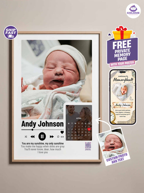 Personalized Baby Photo Poster – Music Player Design with Calendar – Custom Keepsake
