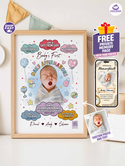 Personalized “Baby’s First Daily Affirmations” Poster – Christian Nursery Wall Art with Custom Photo