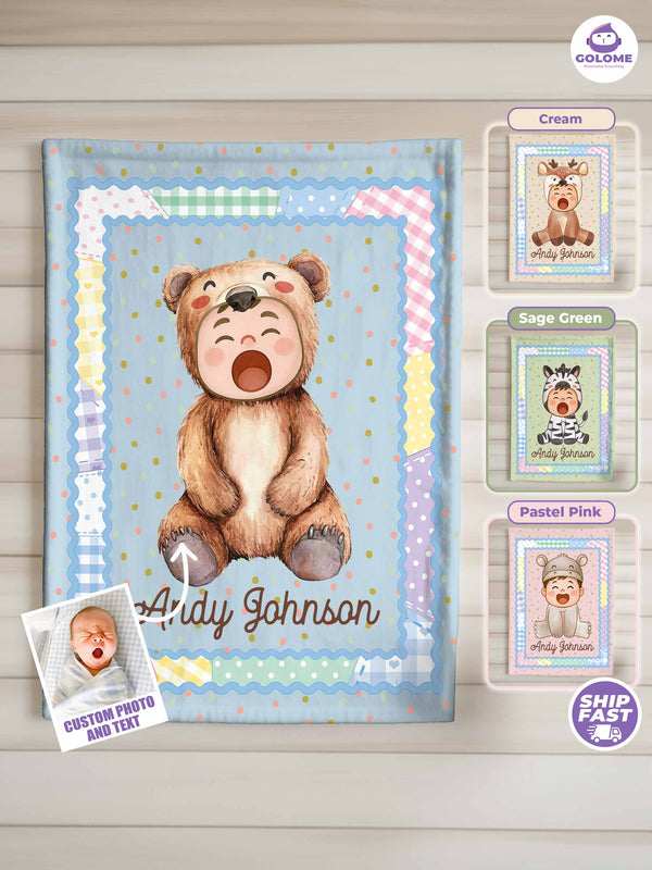 Baby Bear Personalized Blanket – Custom Photo & Name | Cute Animal Newborn Gift