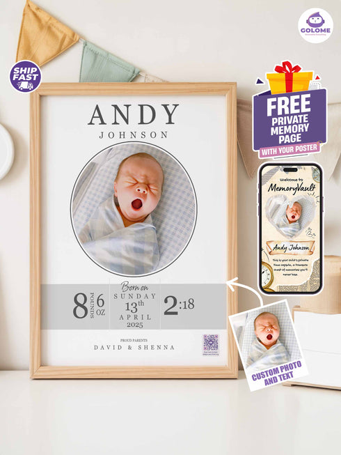 Elegant Baby Birth Stats Poster – Personalized Newborn Print