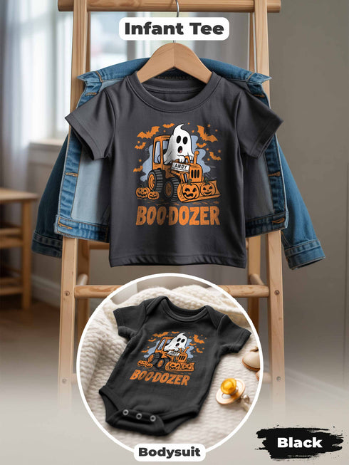 Personalized Baby “Boo-Dozer” Bodysuit & Tee – First Halloween Outfit with Custom Name