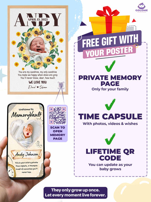 Personalized Sunflower Baby Poster – You Are My Sunshine Lyric Print – Custom Photo Keepsake