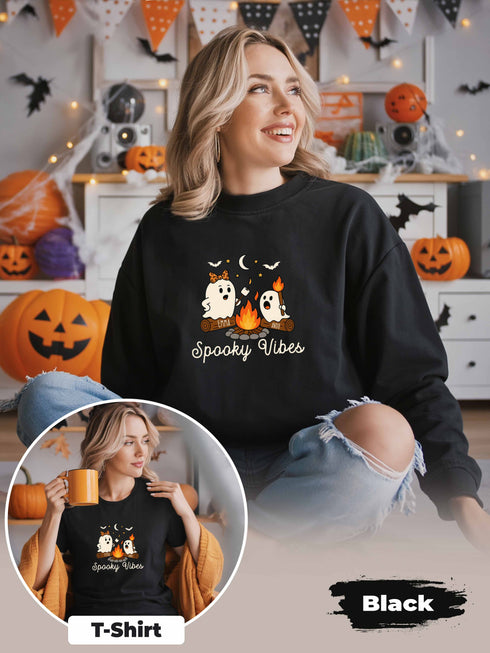 Custom Spooky Vibes Shirt, Personalized Halloween Ghost Sweatshirt, Cute Matching T-shirt with Names, Fall Spooky Season Family Outfit