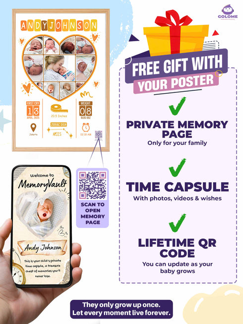 Playful Heart Baby Birth Stats Poster – Personalized Collage Print