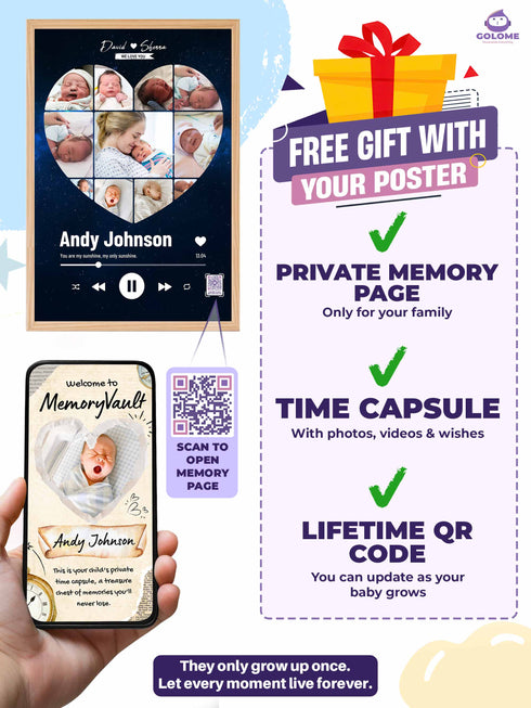Personalized Baby Photo Collage Poster – Music Player Heart Design – Custom Keepsake