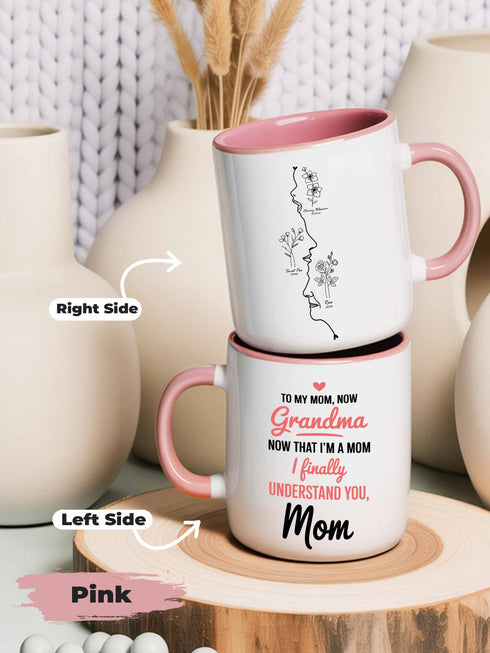 Personalized Grandma Mug from Daughter – Custom 3 Generation Faces & Birth Month Flowers – “Now That I’m a Mom, I Finally Understand You” Gift for Mom & Grandma