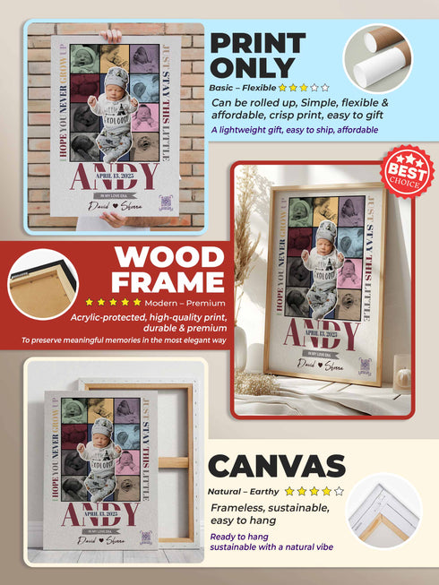 Personalized Baby Photo Collage Poster – “Never Grow Up” Lyric Print – Custom Keepsake