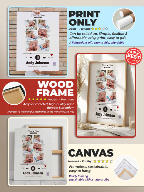 Personalized Baby Photo Collage Poster – Music Player Design – Custom Multi-Photo Keepsake (4 Color Options)