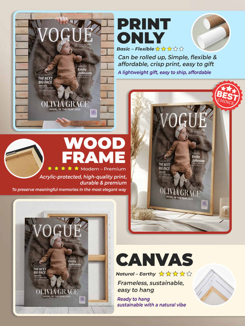 Baby Fashion Magazine Poster, Personalized Baby Canvas with Photo & Text, Custom Newborn Keepsake, Nursery Wall Art with QR MemoryVault
