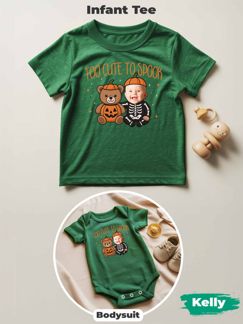 Personalized Baby “Too Cute To Spook” Halloween Outfit – Custom Photo Bodysuit & Infant Tee