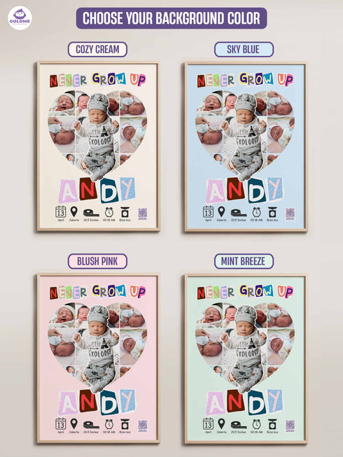 Baby Birth Stats Collage Poster – Personalized Heart Photo Print