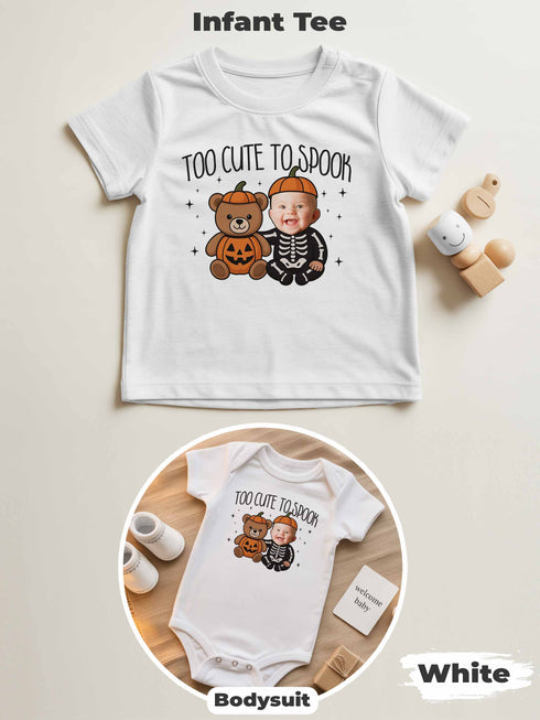 Personalized Baby “Too Cute To Spook” Halloween Outfit – Custom Photo Bodysuit & Infant Tee