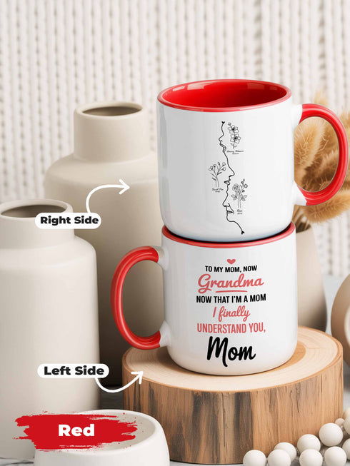 Personalized Grandma Mug from Daughter – Custom 3 Generation Faces & Birth Month Flowers – “Now That I’m a Mom, I Finally Understand You” Gift for Mom & Grandma