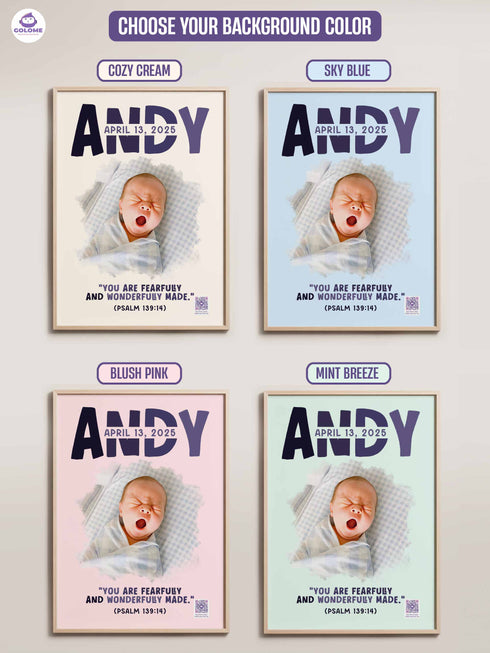 Personalized Baby Name & Birth Date Poster – Christian Nursery Wall Art with Psalm 139:14