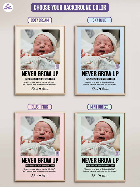 Personalized Baby Poster – “Never Grow Up” Lyric Print – Custom Photo Keepsake