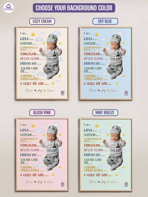 Personalized “I Am” Baby Poster – Christian Nursery Wall Art with Custom Photo & Bible Verses