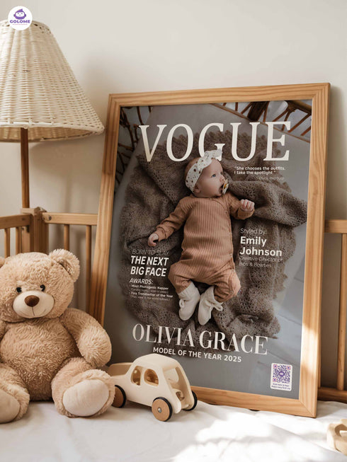 Baby Fashion Magazine Poster, Personalized Baby Canvas with Photo & Text, Custom Newborn Keepsake, Nursery Wall Art with QR MemoryVault