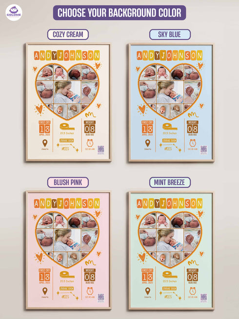 Playful Heart Baby Birth Stats Poster – Personalized Collage Print
